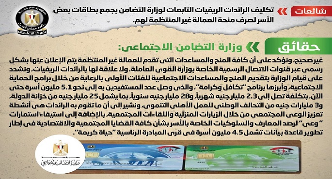 الحكومة تنفي تكليف الرائدات الريفيات التابعات لوزارة التضامن بجمع بطاقات بعض الأسر لصرف منحة العمالة غير المنتظمة لهم