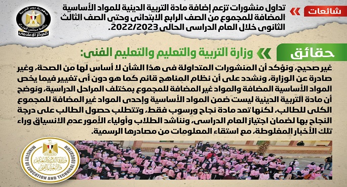 بالإنفوجراف.. الحكومة تنفي إضافة مادة التربية الدينية للمجموع من الصف الرابع الابتدائي حتى الثالث الثانوي