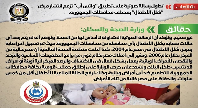 مجلس الوزراء ينفي صحة رسالة صوتية متداولة تزعم انتشار “شلل الأطفال” بالمحافظات