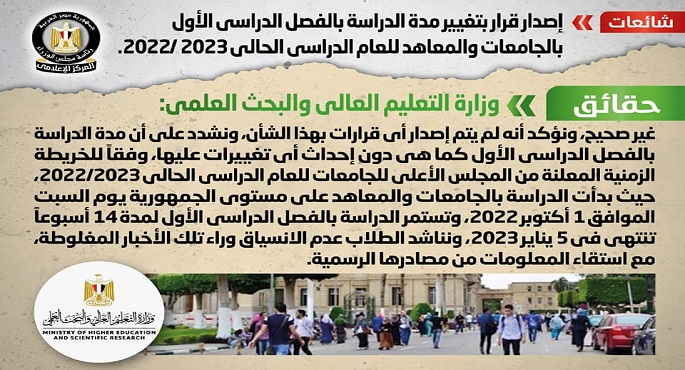 الحكومة تنفي إصدار قرار بتغيير مدة الدراسة بالفصل الدراسي الأول بالجامعات والمعاهد
