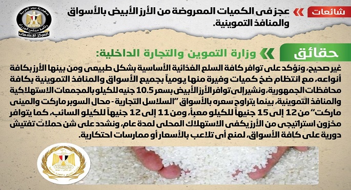 الحكومة تنفي عجز في الكميات المعروضة من الأرز الأبيض بالأسواق والمنافذ التموينية