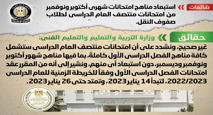 الحكومة تنفي استبعاد مناهج أكتوبر ونوفمبر من امتحانات منتصف العام الدراسي لطلاب صفوف النقل