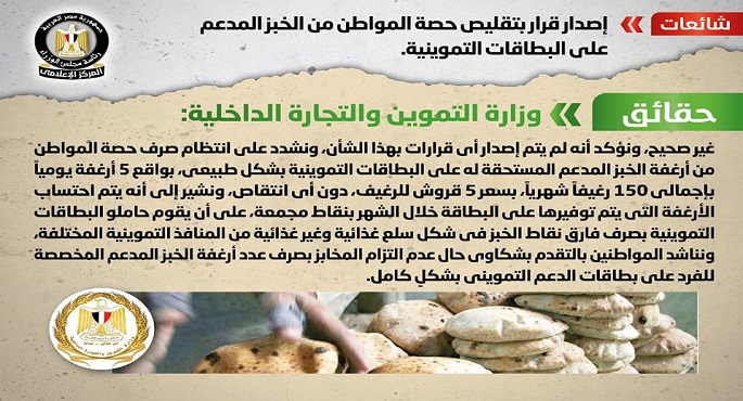 الحكومة تنفي شائعة إصدار قرار بتقليص حصة المواطن من الخبز المدعم على البطاقات التموينية
