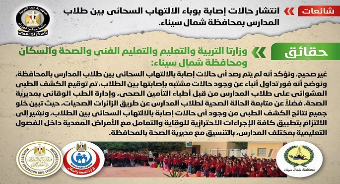الحكومة تنفي انتشار حالات إصابة بوباء الالتهاب السحائي بين طلاب المدارس بشمال سيناء
