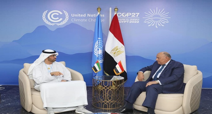 بالصور .. شكري يستقبل وزير الصناعة والتكنولوجيا، المبعوث الإماراتي للمناخ