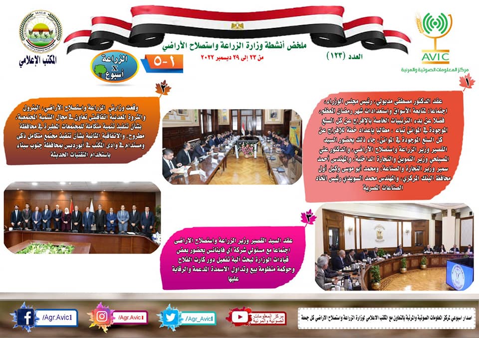 بالإنفوجراف.. وزارة الزراعة تنشر  الحصاد الأسبوعي
