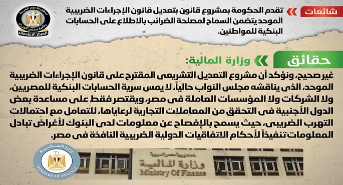 الحكومة تنفي تقديم مشروع لتعديل قانون الإجراءات الضريبية يتضمن السماح بالاطلاع على الحسابات البنكية للمواطنين
