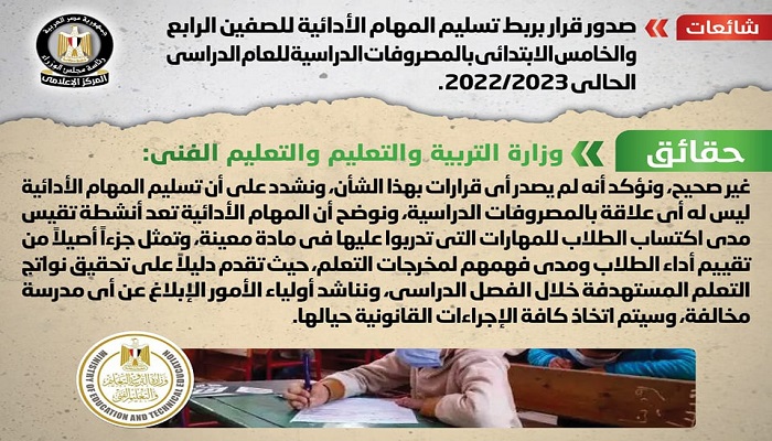 بالإنفوجراف.. الحكومة تنفي ربط تسليم المهام الأدائية للصفين الرابع والخامس الابتدائي بالمصروفات الدراسية