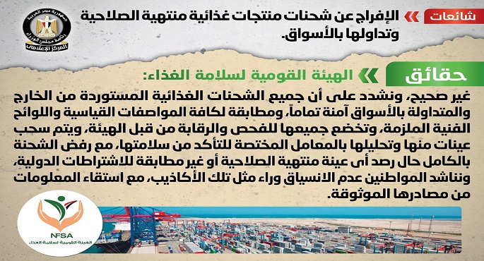 بالإنفوجراف.. الحكومة تنفي الإفراج عن شحنات منتجات غذائية منتهية الصلاحية وتداولها بالأسواق