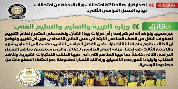 بالإنفوجراف .. مجلس الوزراء ينفي إصدار قرار بعقد ثلاثة امتحانات ورقية بديلة عن امتحانات نهاية الفصل الدراسي الثاني