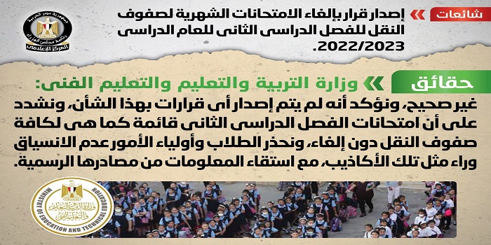 بالإنفوجراف.. مجلس الوزراء ينفي إصدار قرار بإلغاء الامتحانات الشهرية لصفوف النقل للفصل الدراسي الثاني للعام الدراسي 2022-2023