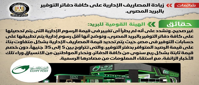 بالإنفوجراف.. الحكومة تنفي زيادة المصاريف الإدارية على كافة دفاتر التوفير بالبريد المصري