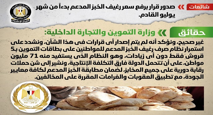 الحكومة تنفي صدور قرار برفع سعر رغيف الخبز المدعم بدءاً من شهر يوليو القادم