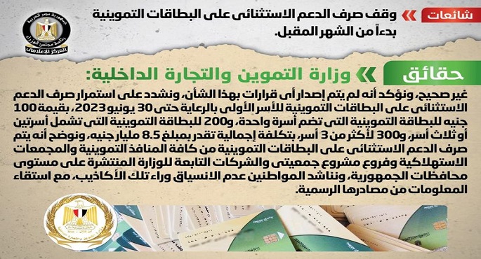 الحكومة تنفي شائعة وقف صرف الدعم الاستثنائي على البطاقات التموينية بدءاً من الشهر المقبل