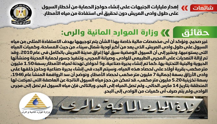 بالصور.. الحكومة تنفي إهدار مليارات الجنيهات لإنشاء حواجز الحماية من أخطار السيول بوادي العريش