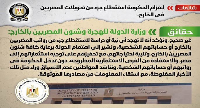 الحكومة تنفي استقطاع جزء من تحويلات المصريين في الخارج
