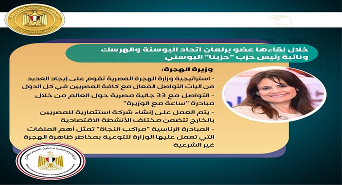 وزيرة الهجرة تلتقي مسؤولين من البوسنة لبحث سبل التعاون في ملف الهجرة والجاليات