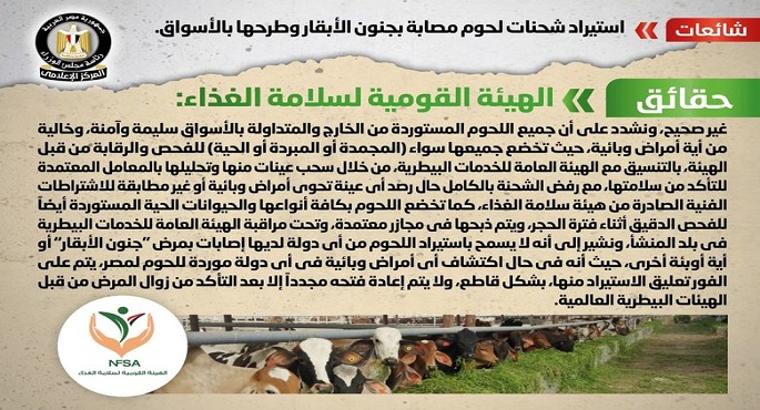 الحكومة تنفي استيراد شحنات لحوم مصابة بجنون الأبقار وطرحها بالأسواق