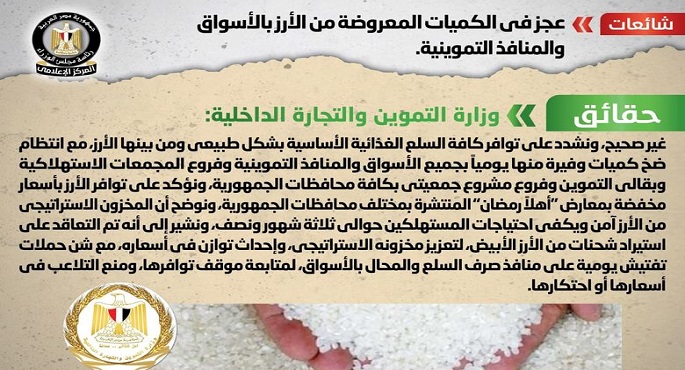 الحكومة تنفي وجود عجز في الكميات المعروضة من الأرز بالأسواق والمنافذ التموينية