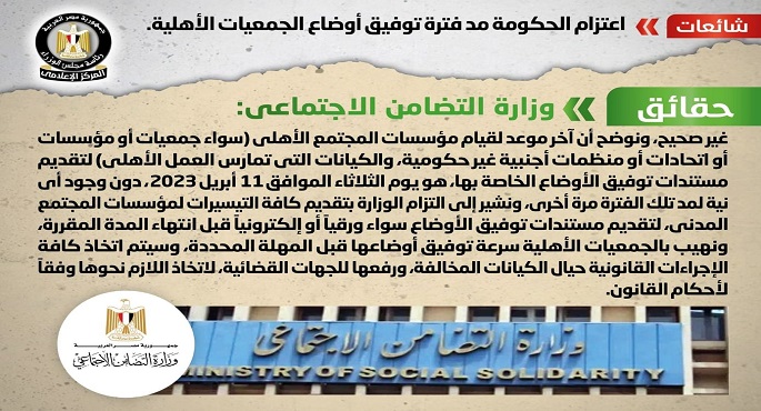 الحكومة تنفي اعتزامها مد فترة توفيق أوضاع الجمعيات الأهلية
