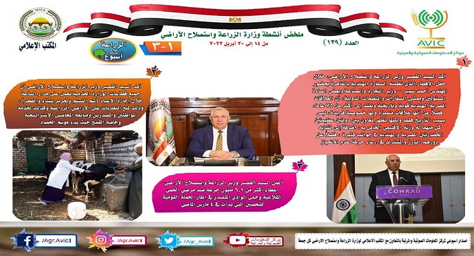 بالإنفوجراف: الحصاد الأسبوعي لأنشطة وزارة الزراعة في الفترة من ١٤ وحتى ٢٠ أبريل الجاري