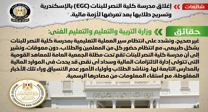 الحكومة تنفي إغلاق مدرسة كلية النصر للبنات (EGC) بالإسكندرية