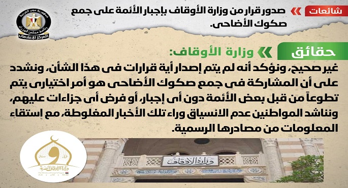 الحكومة تنفي صدور قرار من وزارة الأوقاف بإجبار الأئمة على جمع صكوك الأضاحي