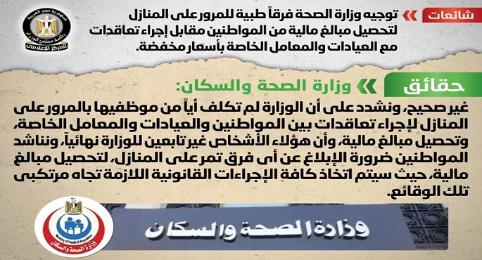 الحكومة تنفي توجيه وزارة الصحة فرقاً طبية للمرور على المنازل لتحصيل مبالغ مالية من المواطنين