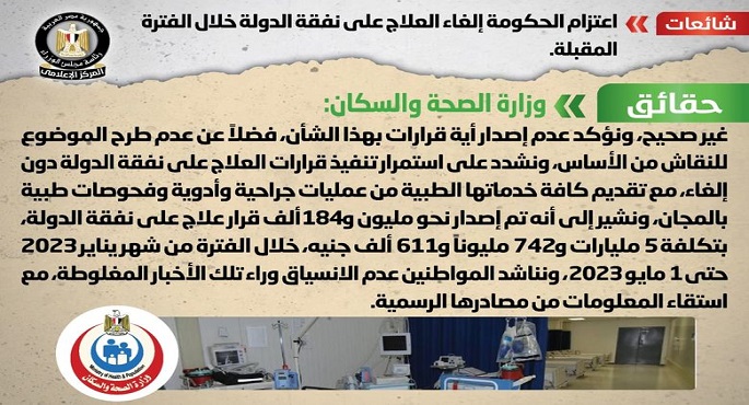 الحكومة تنفي شائعة إلغاء العلاج على نفقة الدولة خلال الفترة المقبلة
