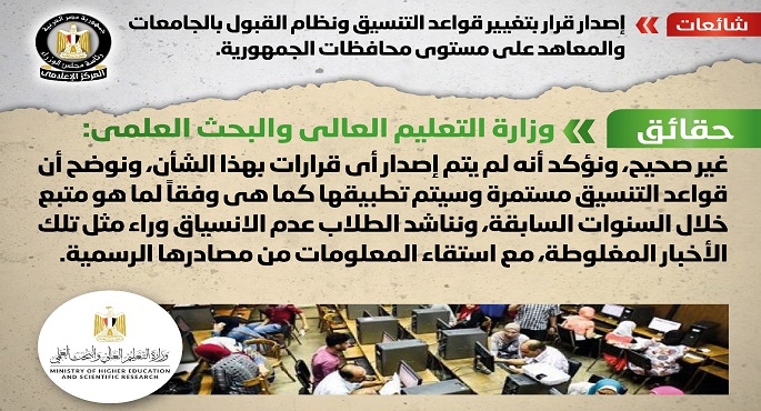 الحكومة تنفي إصدار قرار بتغيير قواعد التنسيق ونظام القبول بالجامعات ‏ والمعاهد على مستوى الجمهورية