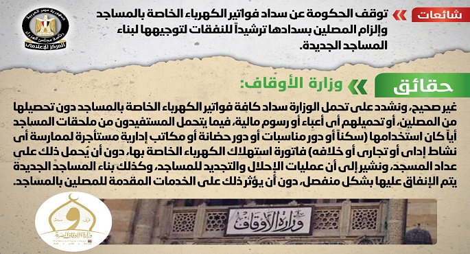 الحكومة تنفي التوقف عن سداد فواتير الكهرباء الخاصة بالمساجد وإلزام المصلين بسدادها ترشيداً للنفقات لتوجيهها لبناء المساجد الجديدة