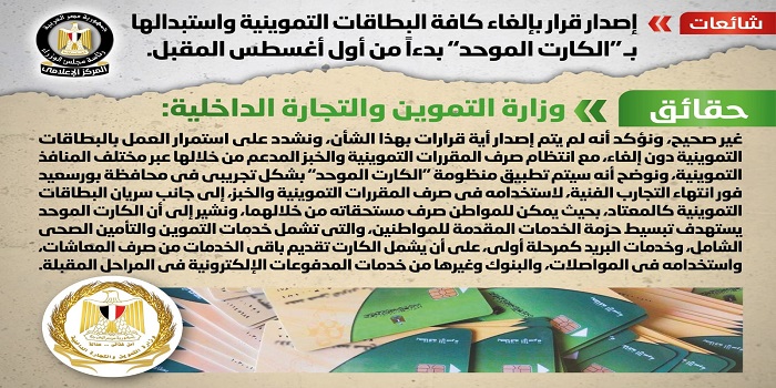 بالإنفوجراف .. مجلس الوزراء ينفي إصدار قرار بإلغاء البطاقات التموينية واستبدالها بـ”الكارت الموحد”بدءاً من أول أغسطس المقبل