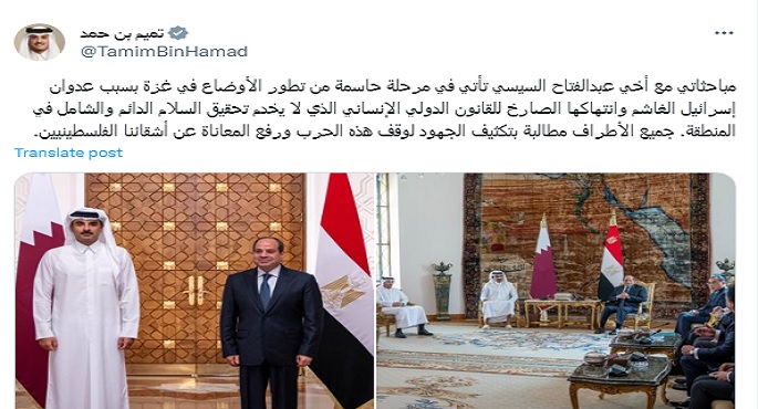 أمير قطر: مباحثاتي مع أخي السيسي تأتي في مرحلة حاسمة من تطور الوضع بغزة