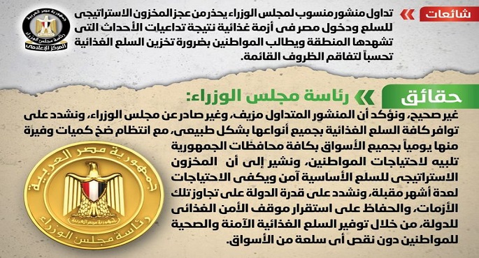 الحكومة تنفي وجود عجز بالمخزون الاستراتيجي للسلع ودخول مصر في أزمة غذائية