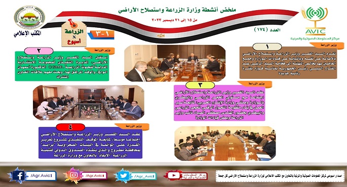 بالانفوجراف والفيديو..الزراعة في أسبوع..أنشطة الوزارة في الفترة من ١٥ وحتى ٢١ ديسمبر الجاري الجاري