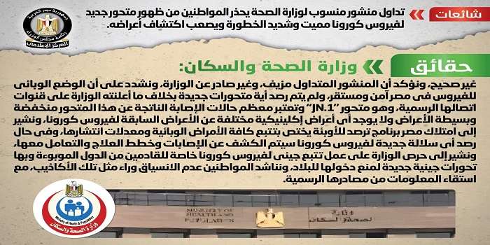 بالإنفوجراف .. مجلس الوزراء ينفي تحذير منسوب لوزارة الصحة حول ظهور متحور جديد لفيروس كورونا مميت