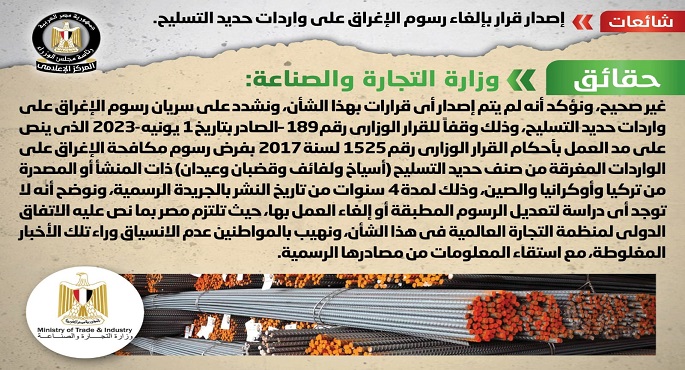 الحكومة: لا صحة لإصدار قرار بإلغاء رسوم الإغراق على واردات حديد التسليح