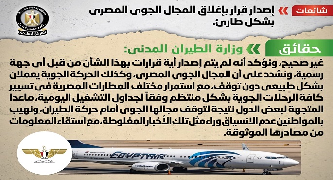 الحكومة: لا صحة لإصدار قرار بإغلاق المجال الجوى المصرى بشكل طارئ
