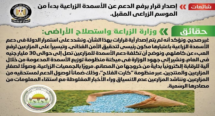 الحكومة تنفى إصدار قرار برفع الدعم عن الأسمدة الزراعية بدءاً من الموسم الزراعي المقبل