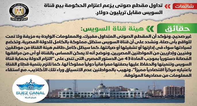 الحكومة : لا صحة لاعتزام بيع قناة السويس مقابل تريليون دولار