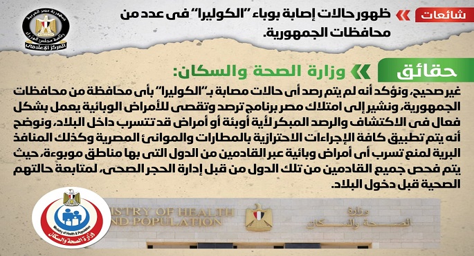مجلس الوزراء ينفي شائعة ظهور حالات إصابة بوباء الكوليرا في عدد من محافظات الجمهورية