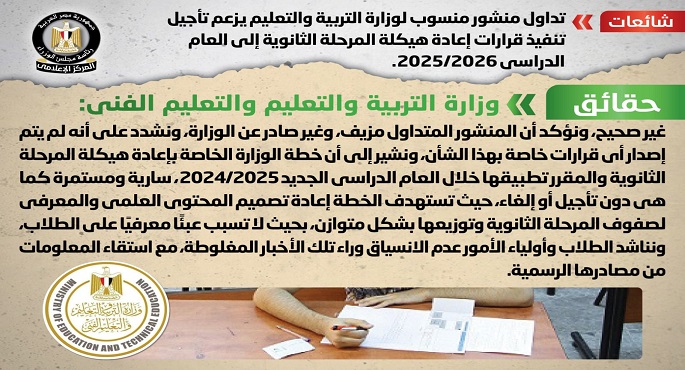 مجلس الوزراء ينفي تأجيل تنفيذ قرارات إعادة هيكلة المرحلة الثانوية إلى العام الدراسي 2025/2026