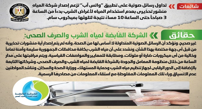 الحكومة : لا صحة لإصدار شركة المياه منشورًا تحذيريًا بعدم استخدام المياه لأغراض الشرب نتيجة تلوثها