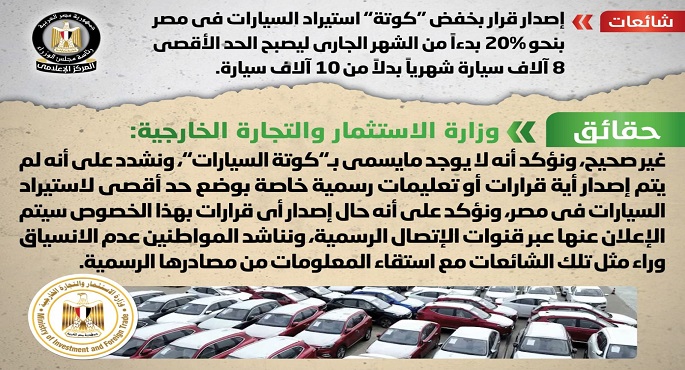 الحكومة تنفى إصدار قرار بخفض كوتة استيراد السيارات في مصر بنحو 20% بدءاً من الشهر الجاري