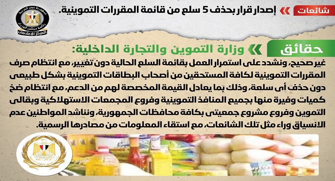 الحكومة تنفي إصدار قرار بحذف 5 سلع من قائمة المقررات التموينية