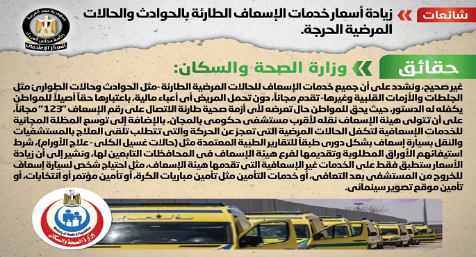 الحكومة تنفي شائعة زيادة أسعار خدمات الإسعاف الطارئة بالحوادث والحالات المرضية الحرجة