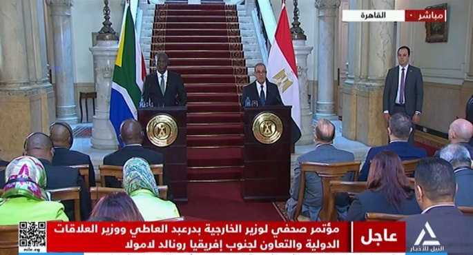مؤتمر صحفي لوزير الخارجية بدر عبد العاطي ووزير العلاقات الدولية والتعاون لجنوب لأفريقيا رونالد لامولا