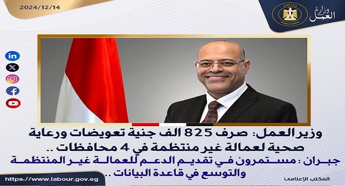 وزير العمل: صرف 825 الف جنية تعويضات ورعاية صحية لعمالة غير منتظمة في 4 محافظات
