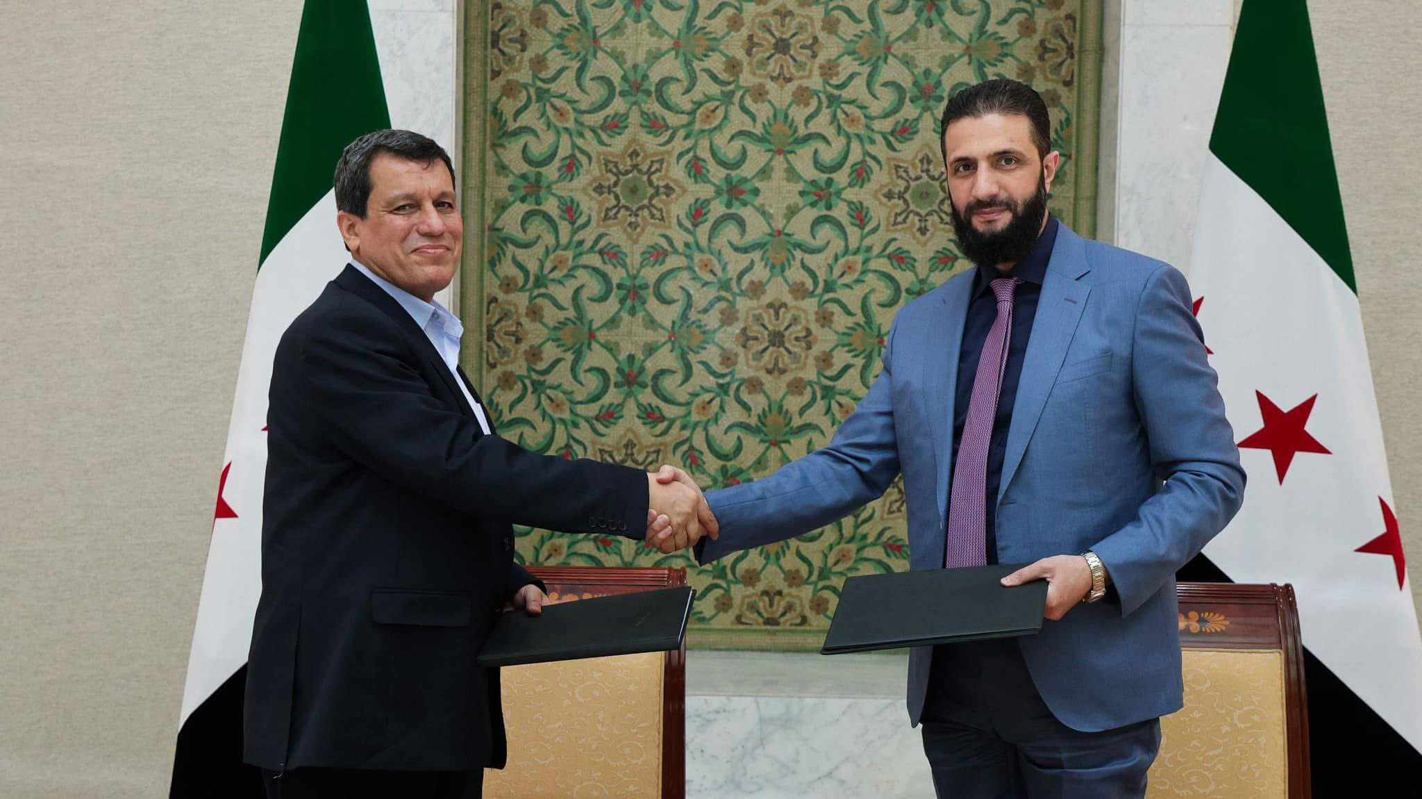 الشرع وعبدى يوقعان اتفاق دمج قسد فى مؤسسات الدولة