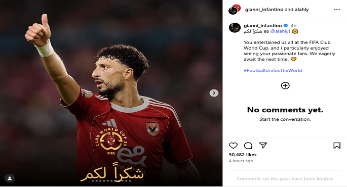 بالصور .. إنفانتينو يوجه رسالة شكر للأهلى وجماهيره بعد مشاركته فى مونديال الأندية
